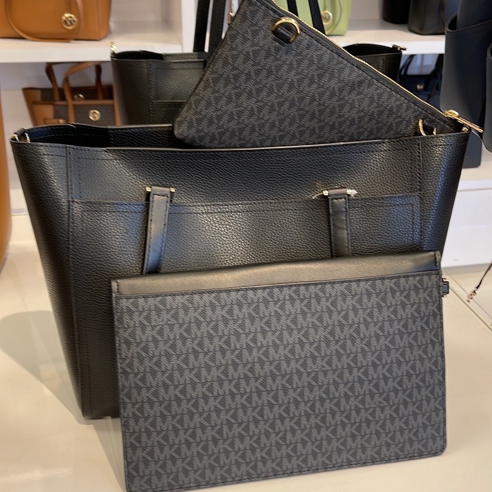 MICHAEL Maisie Large Pebbled Leather 3-in-1 Tote Bag BLACK / BLACK MULTI COLOR - Picture 15 of 16